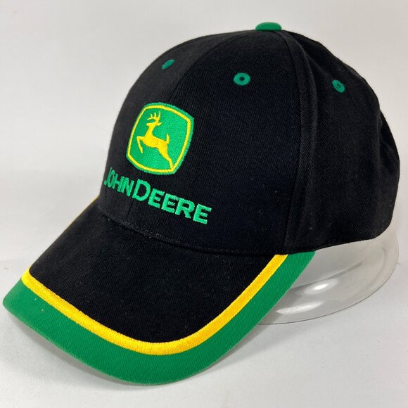John Deere Strap Back Cap Hat Black Baseball Spell Out Tractor Farming Logo Mens - Picture 2 of 13